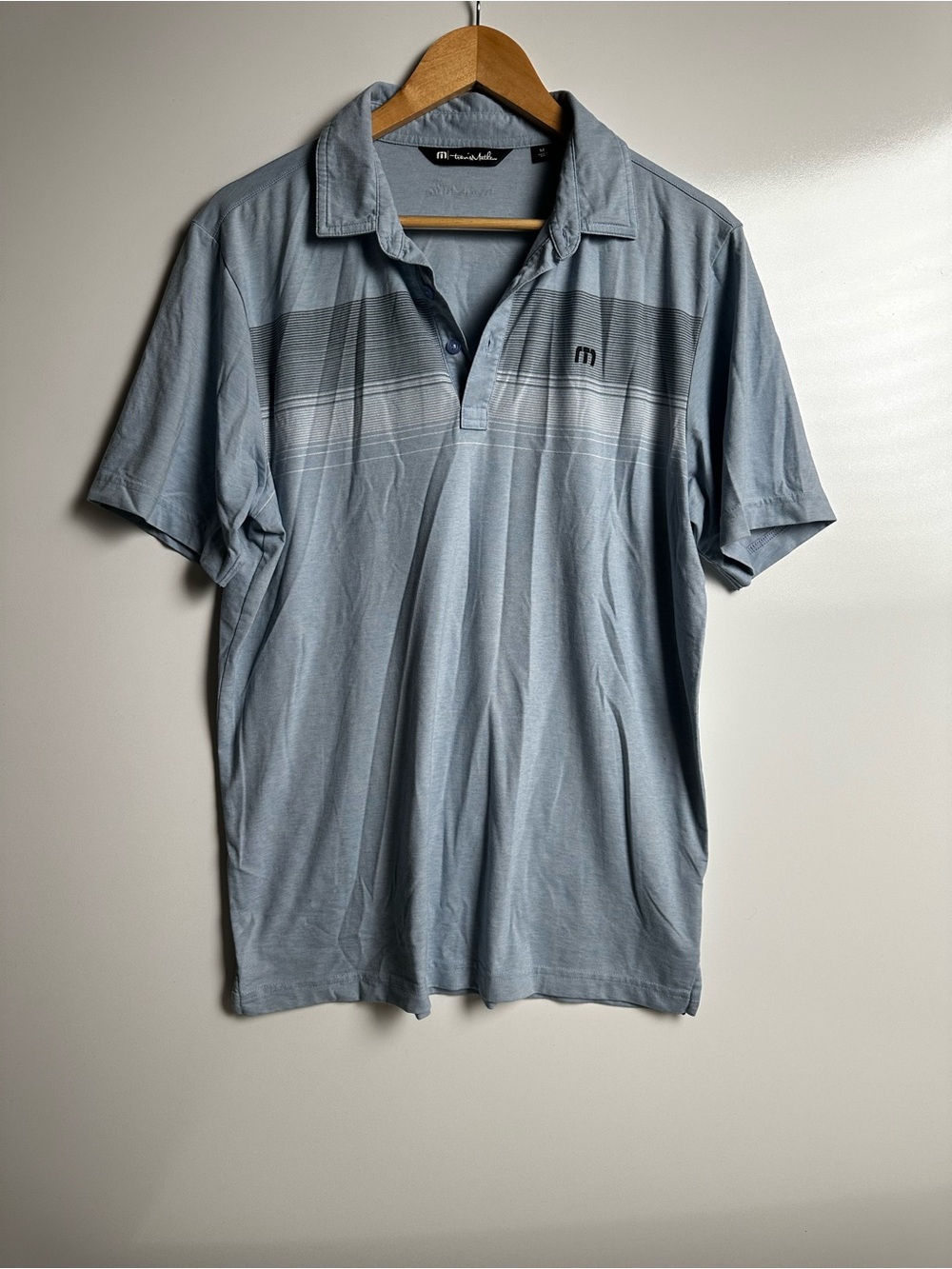 TravisMathew Men's Coastal Chest Stripe Golf Polo Shirt M Heather Gray Blue